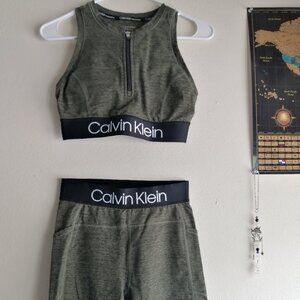 Calvin Klein Army Green Sports Bra + Biker Shorts Set